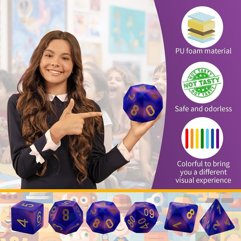 Arrowbash 6 Pcs Jumbo Polyhedra Dice 3.94 Inch Jumbo Foam Polyhedral Dice 6 Set 4, 6, 8, 10, 12 Sides Gifts for Games Teach Numbers Addition Subtraction Probability Learning (Starry Sky Purple) - Image 3